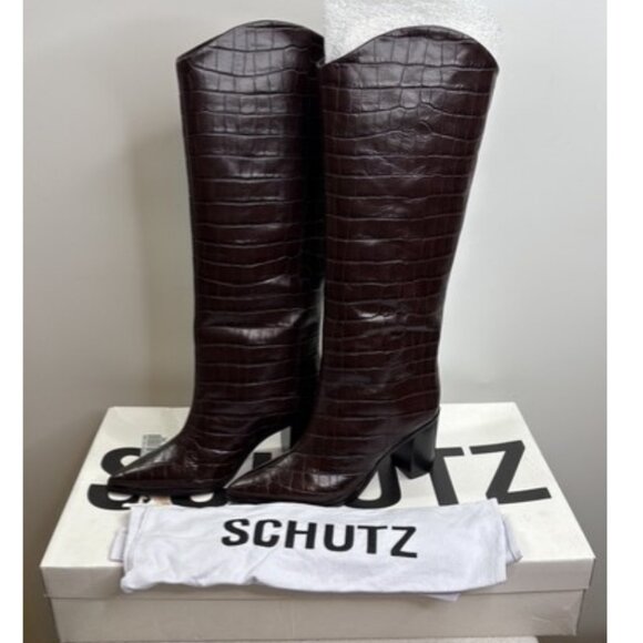 Schutz Maryana Crocodile Embossed Leather Wide Block Boots Dark Brown Sz 9 NWB - Picture 10 of 12